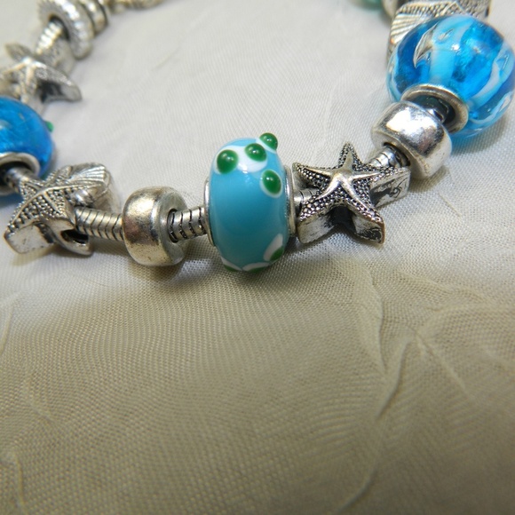Sterling Silver Bracelet Charm Starfish Blue Glass Coastal Beachy - Picture 3 of 6